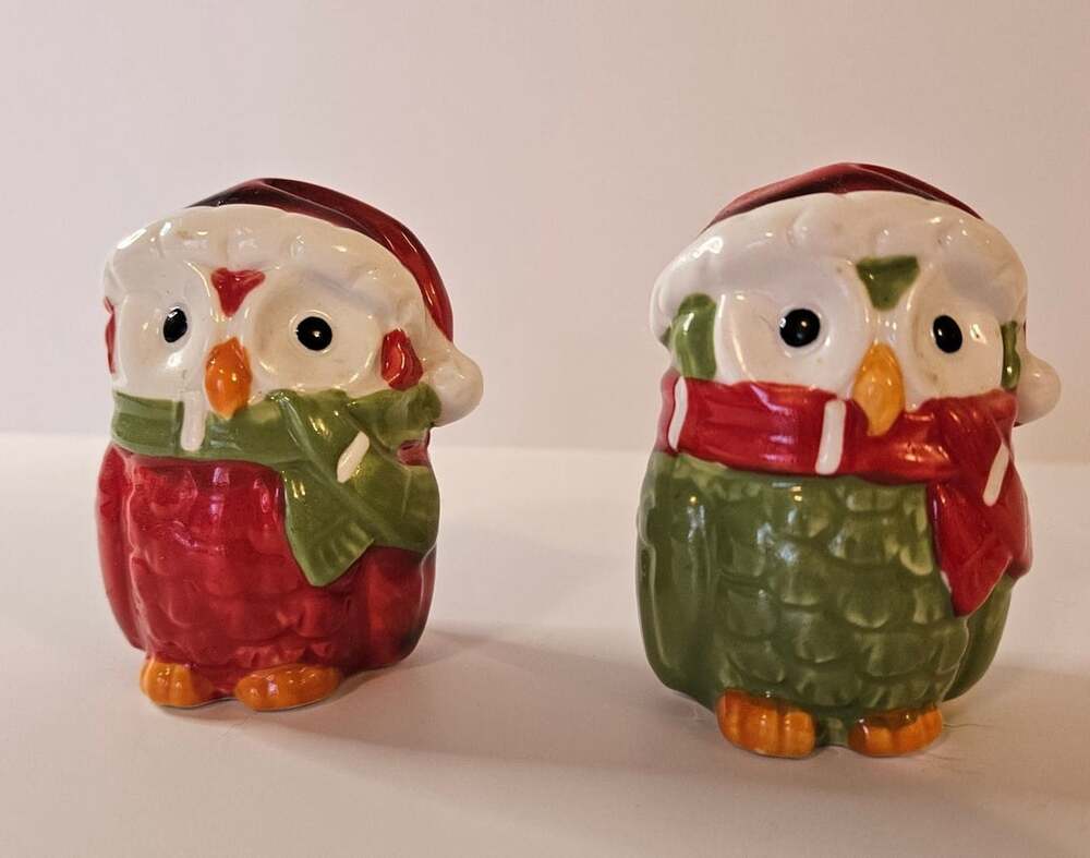 Christmas Owl Salt And Pepper Shakers Ceramic Set Holiday Decor